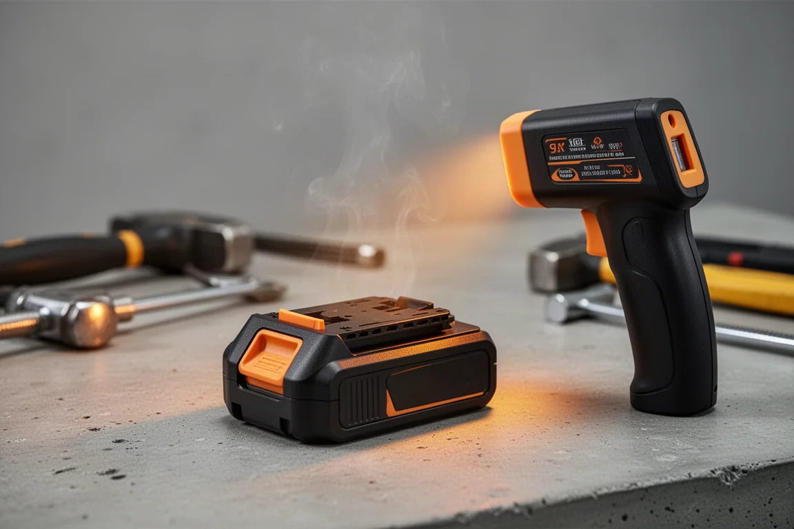 Infrared thermometer reading surface temperature of a hot battery pack