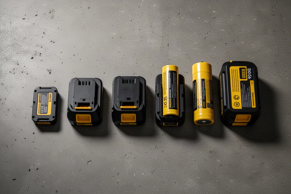 Lineup of DeWalt battery packs sorted smallest to largest on a bench