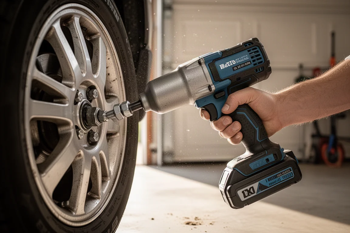 Impact wrench loosening a large lug nut on a vehicle wheel
