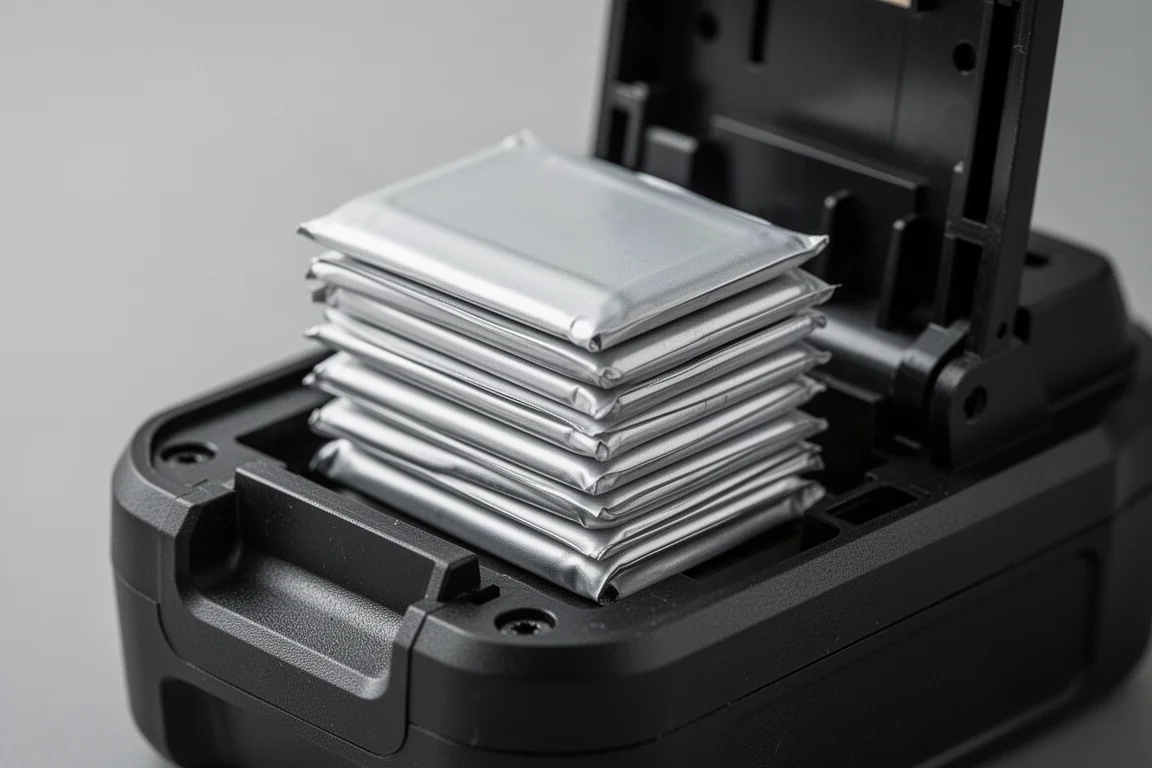 Close-up of stacked pouch battery cells inside a power tool battery pack