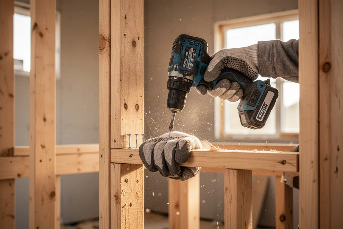 Contractor driving screws on a construction site with a cordless drill