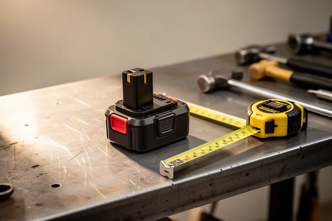Compact battery pack resting on a workbench beside hand tools