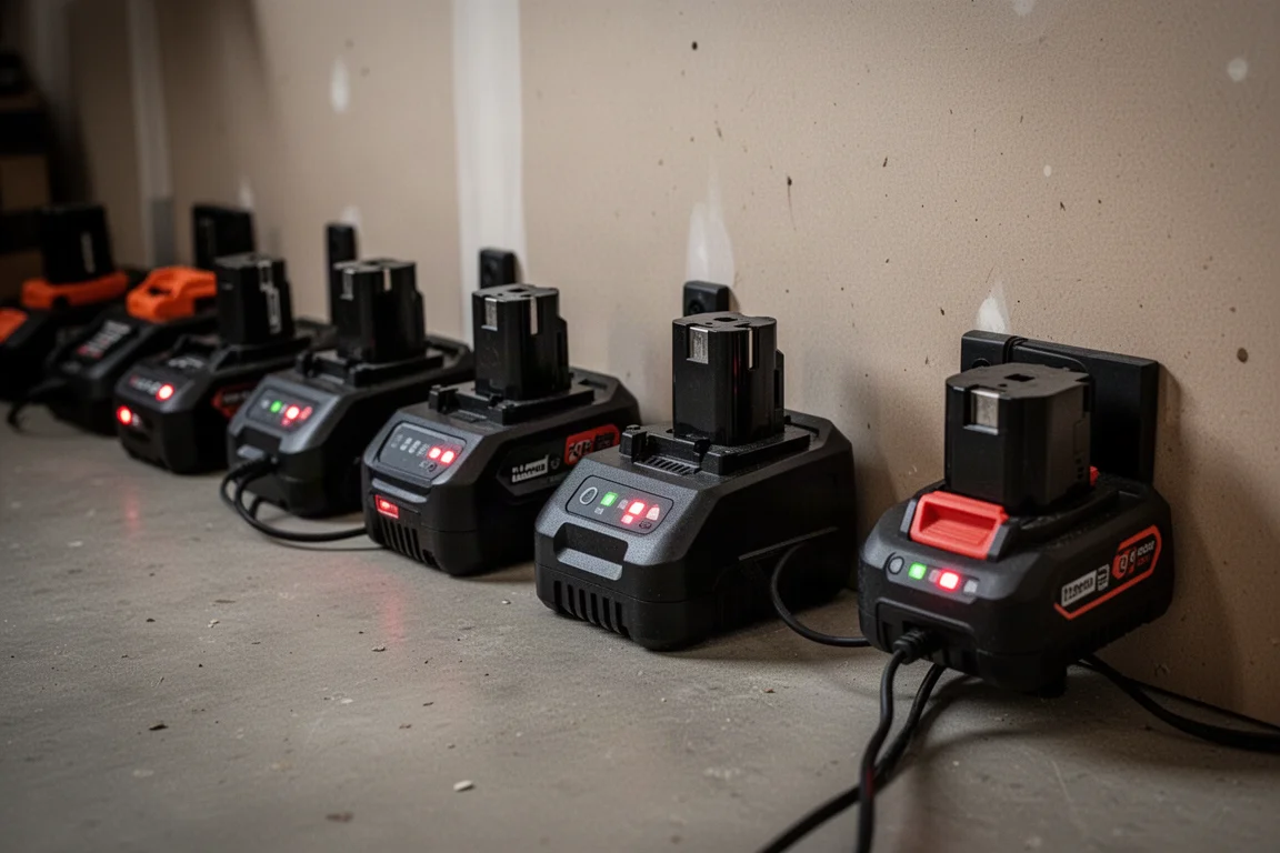 Wall of charging power tool batteries in a workshop