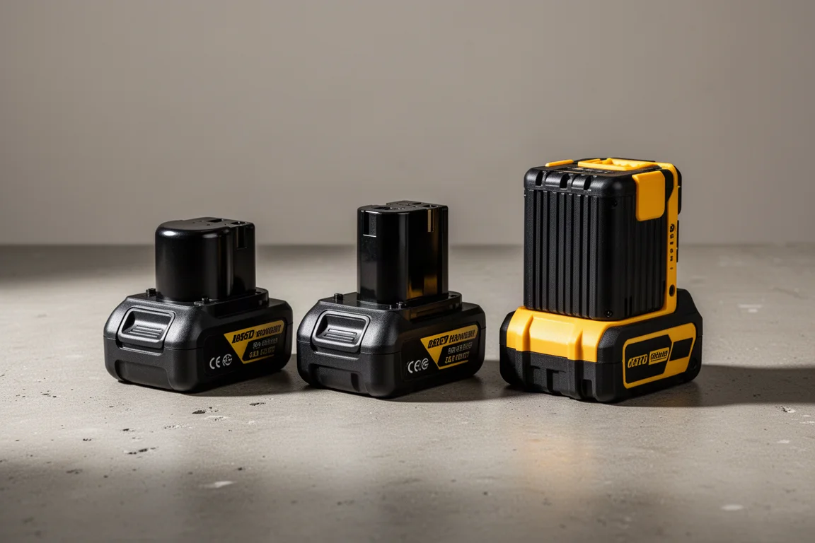 Drei power tool Akkus im DeWalt-Stil stehen nebeneinander auf einer Betonoberfläche