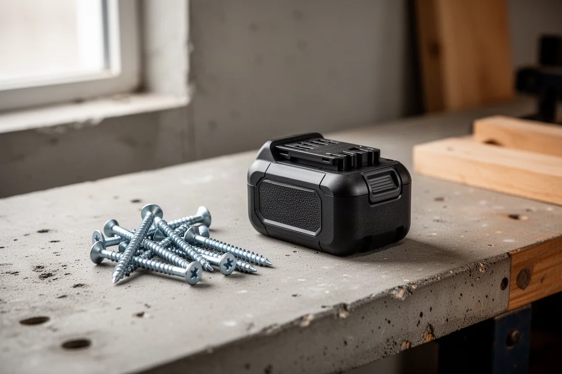 Compact cordless battery pack on a workshop bench with soft window light