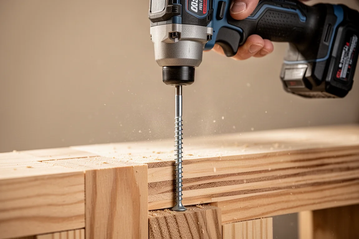 Impact driver driving a long structural screw into stacked lumber