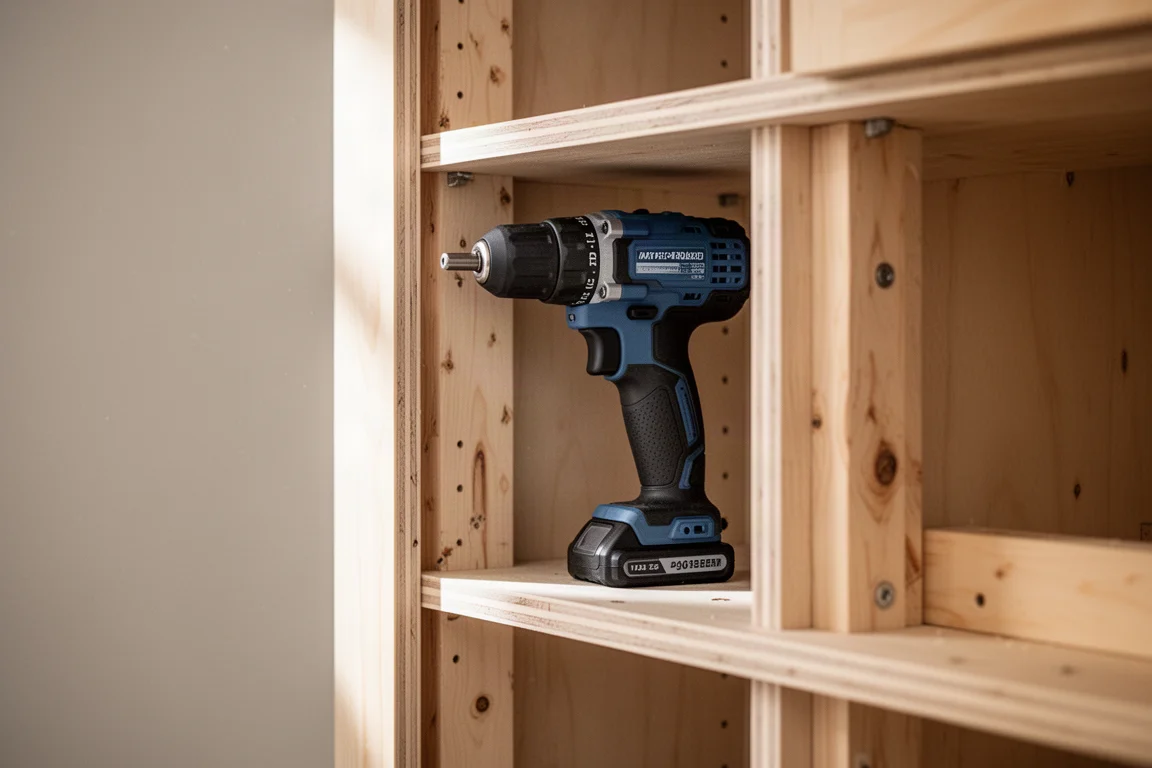 Impact driver reaching into a narrow cabinet cavity between framing