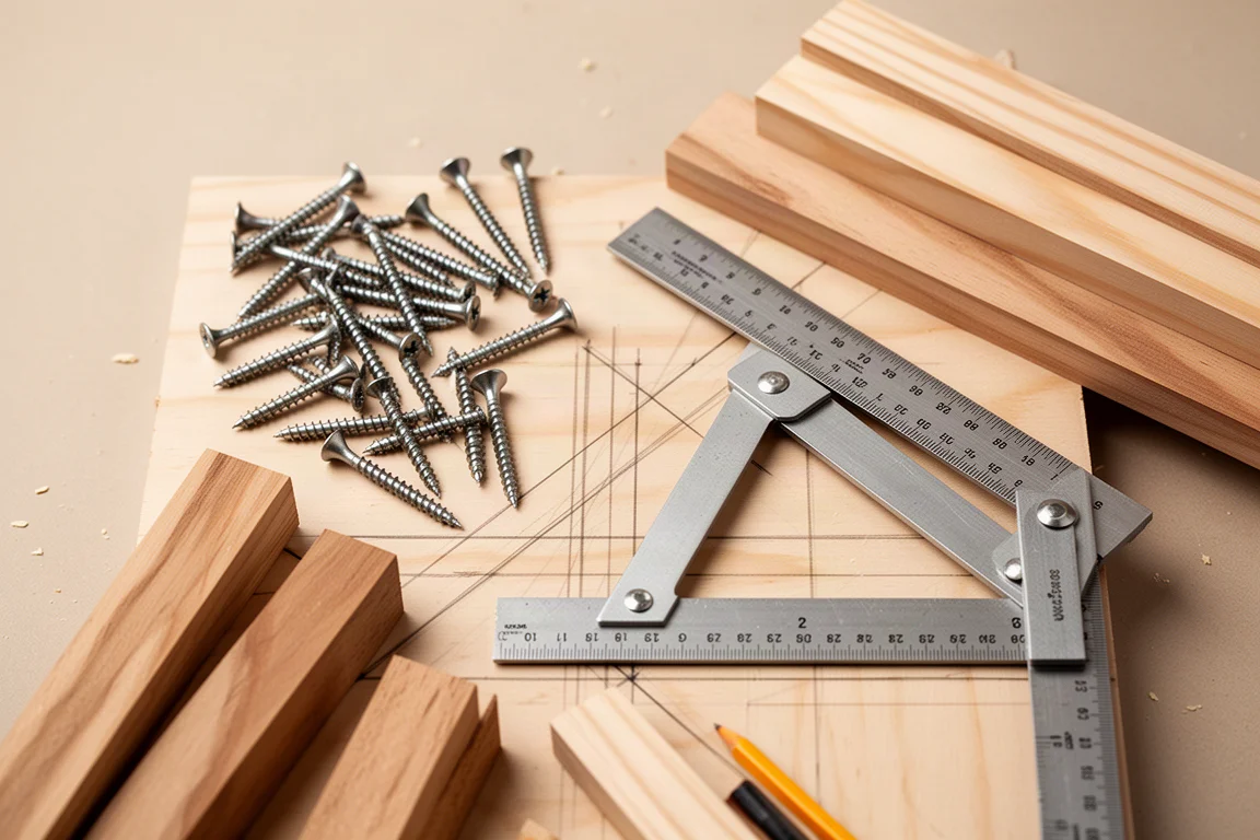 Workbench with screws, drill bits, and lumber in a tidy workshop scene