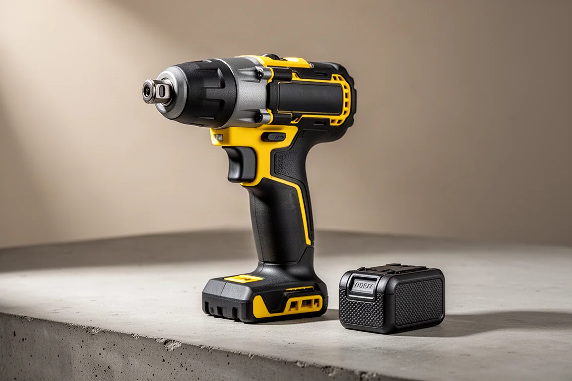 Compact cordless impact driver and small battery pack on a concrete surface