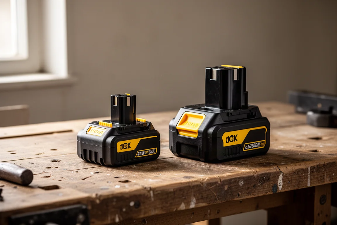 Two compact cordless tool batteries side by side on a workbench