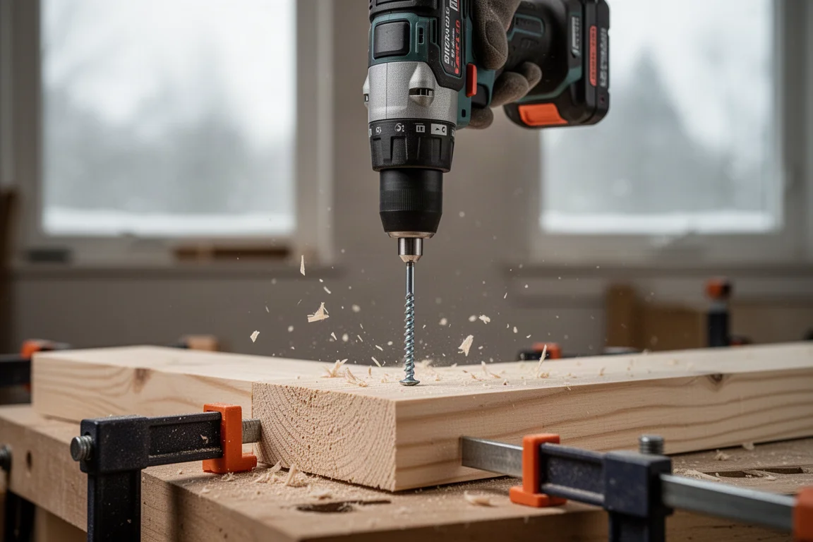 Compact impact driver driving a screw into lumber on a workbench