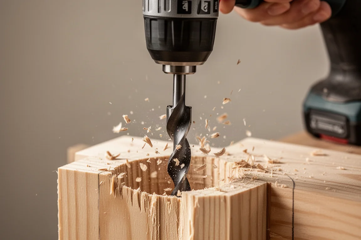 Cordless drill boring a large hole with a spade bit in softwood