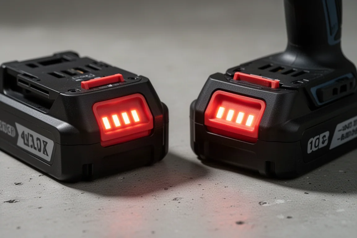 Battery charge indicator lights glowing on two power tool batteries