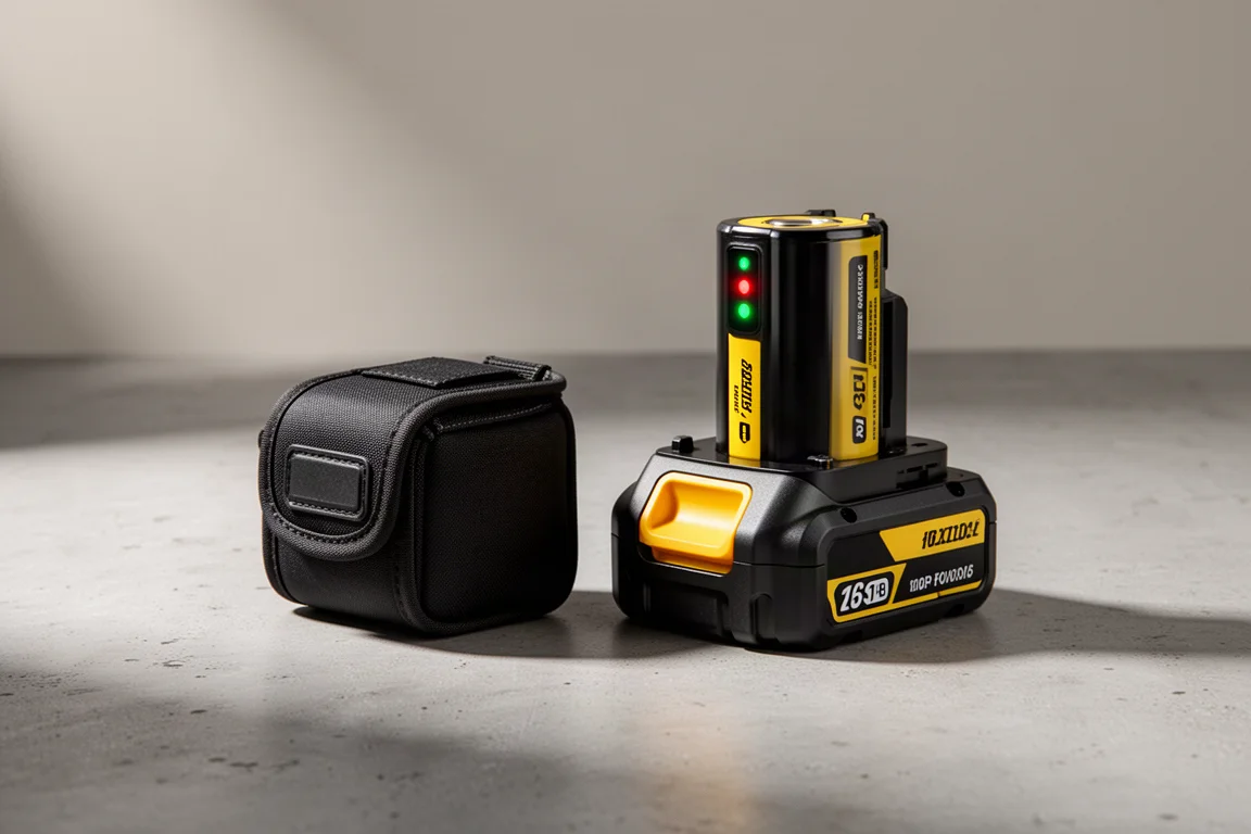 DeWalt PowerStack 1.7Ah and 4Ah compact batteries side by side on concrete