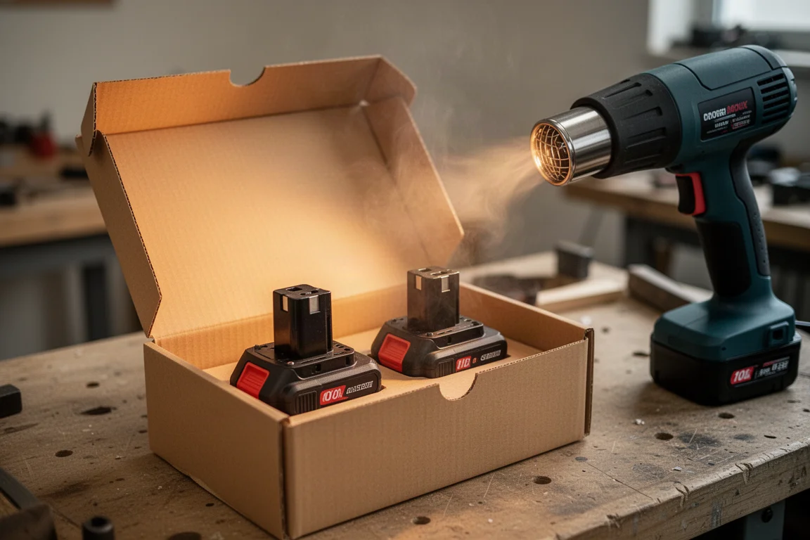 Pistolet à chaleur faisant circuler de l'air chaud dans une boîte de test contenant deux batteries