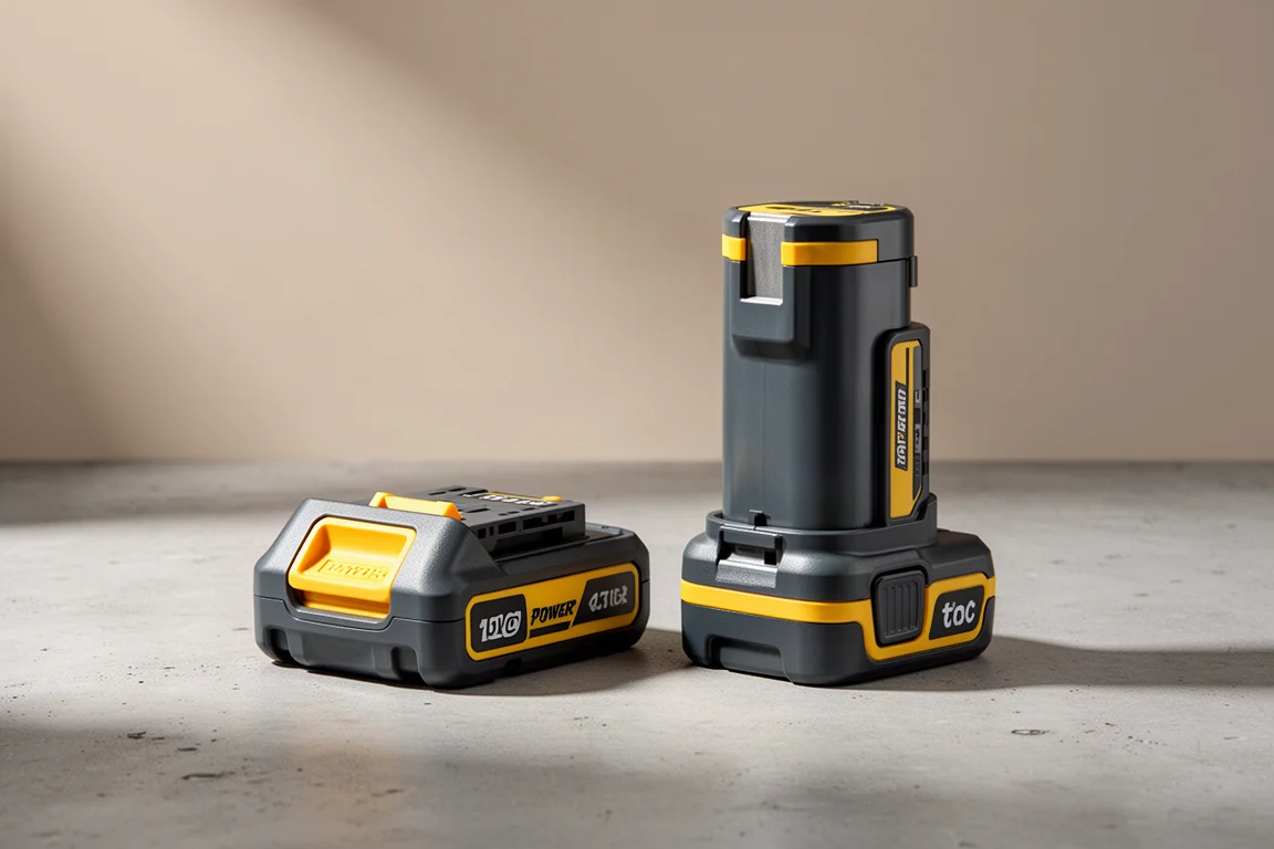 Two DeWalt battery packs side by side on a concrete surface
