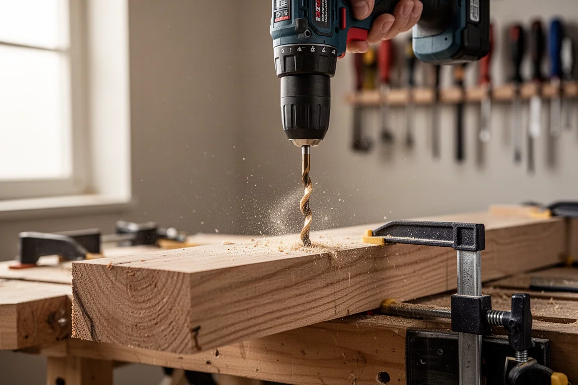 Taladro inalámbrico compacto perforando una tabla gruesa de madera en un taller