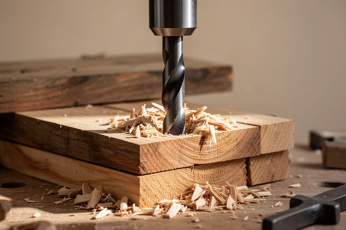 Broca de gran diámetro perforando profundamente en madera apilada sobre un banco de trabajo