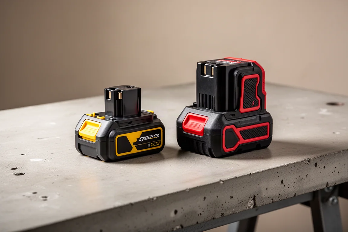 Two compact cordless tool battery packs side by side on a concrete workbench