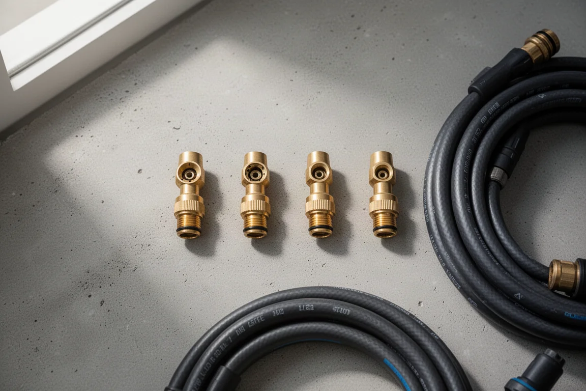 Pressure washer nozzle tips arranged on a concrete surface