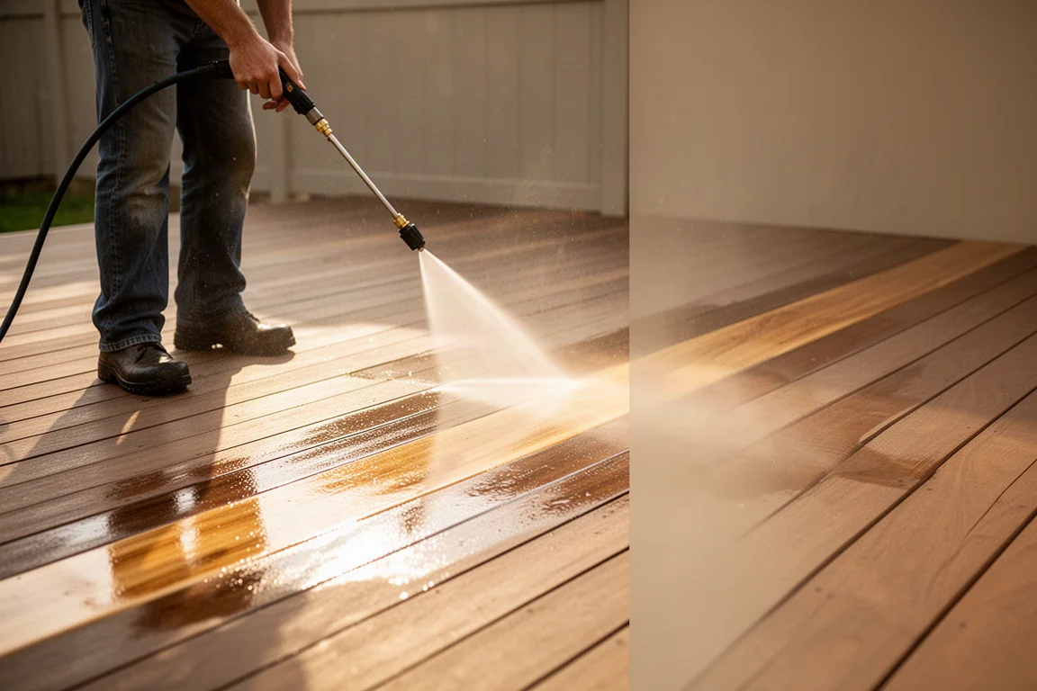Solo worker pressure washing a wooden deck in warm afternoon light