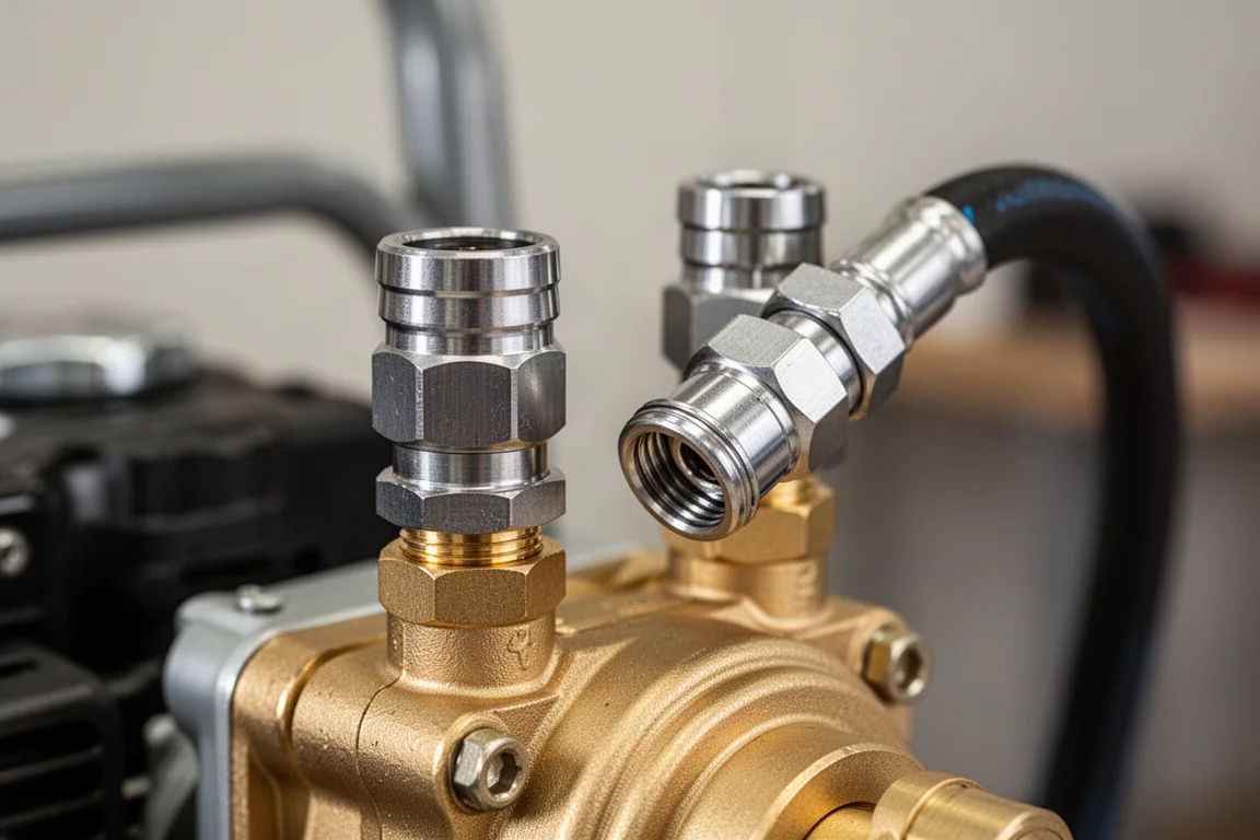 Close-up of quick-connect hose fittings on a pressure washer pump