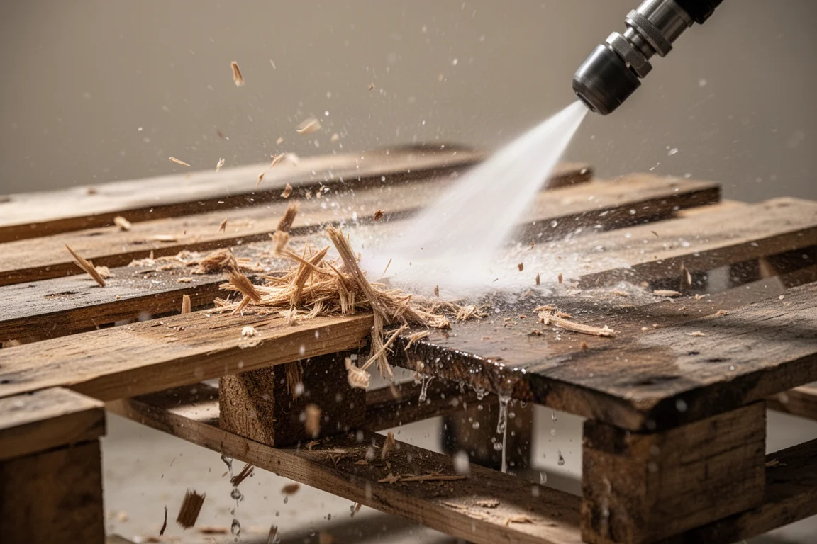 Powerful zero-degree water jet stripping material from a pallet