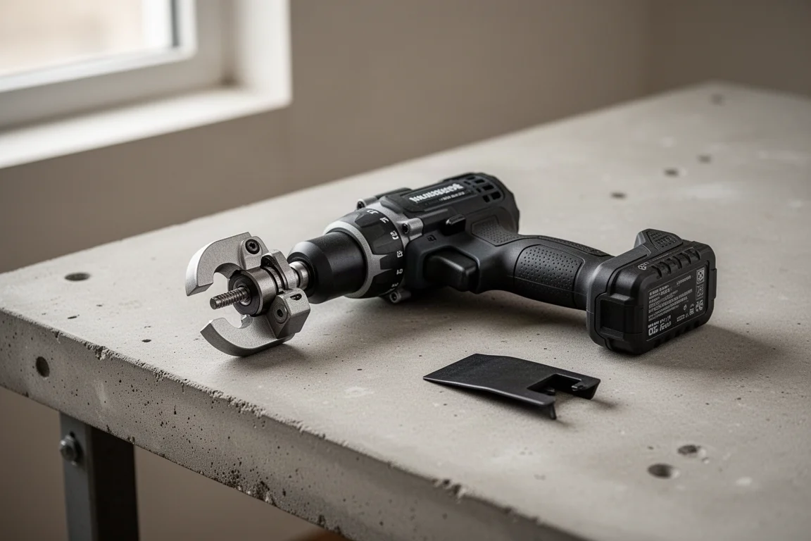 Impact driver fitted with a pipe cutter attachment resting on a workbench