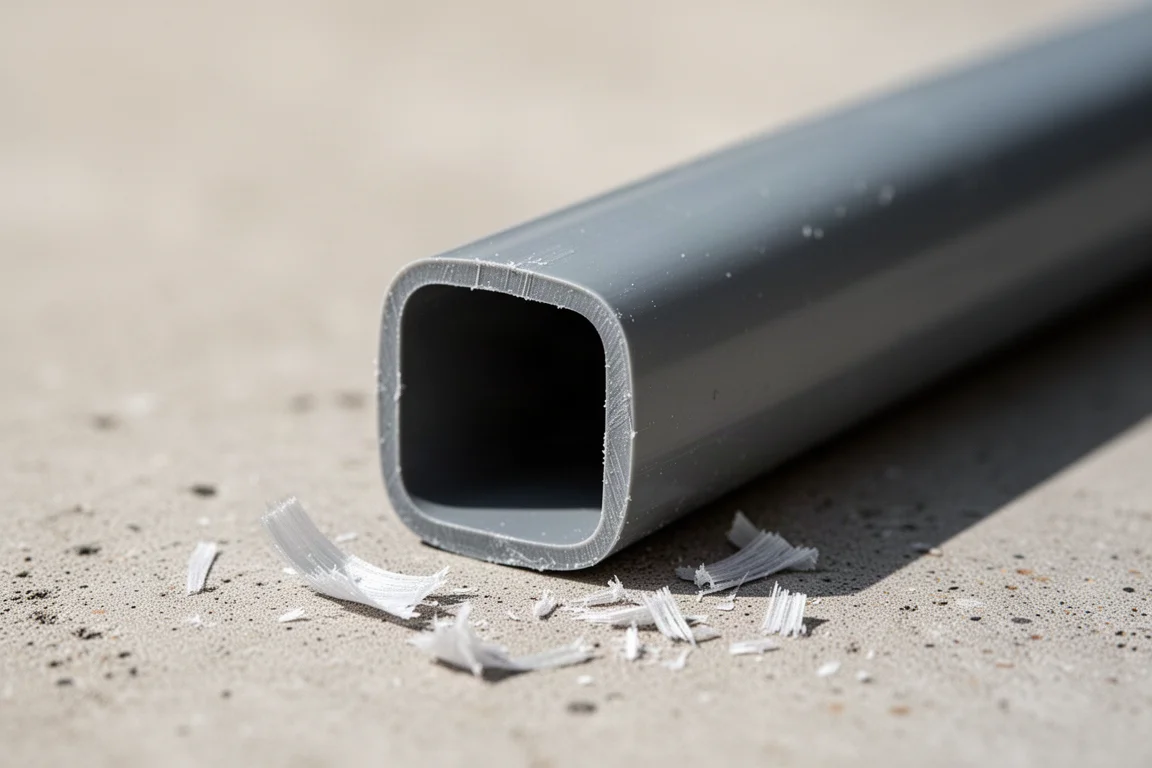 Close-up of a clean square cut through grey PVC pipe
