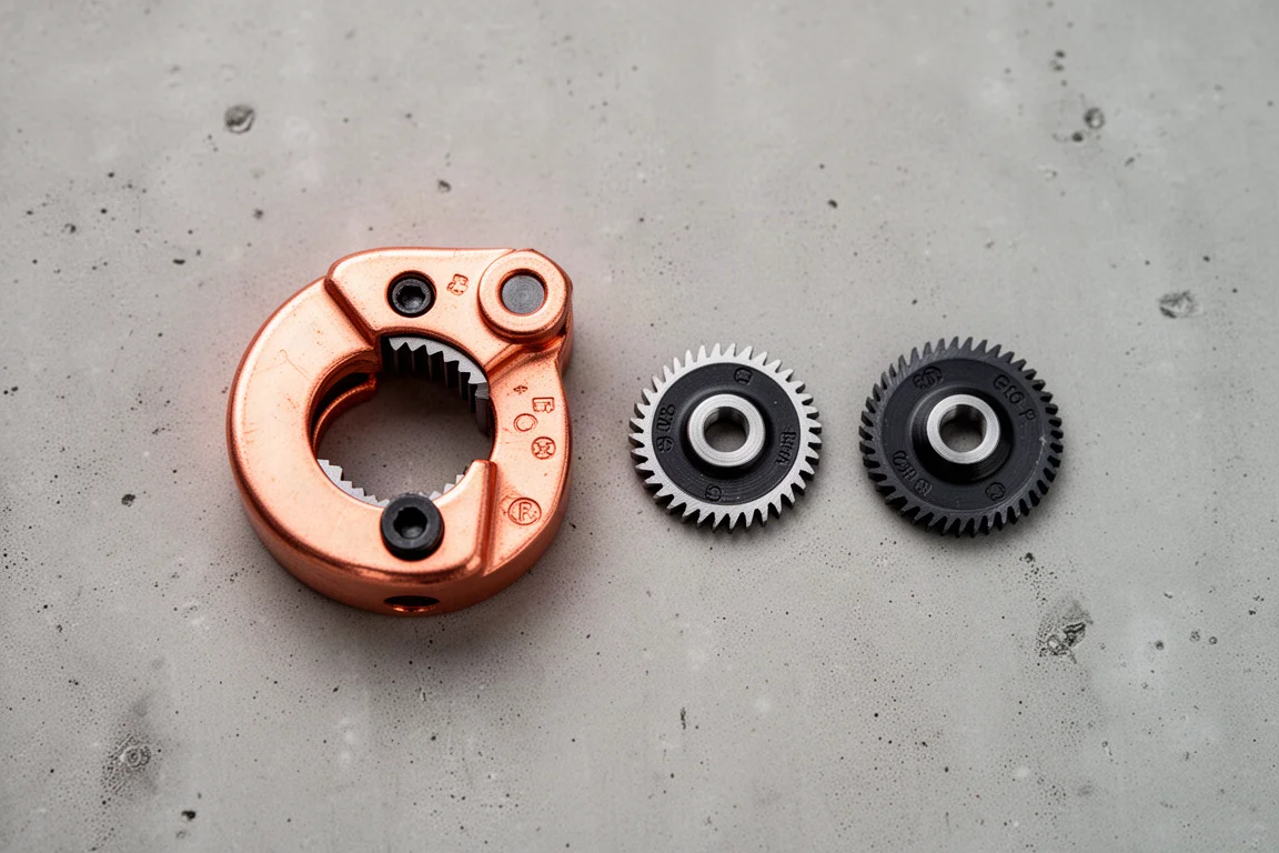 Copper tubing cutter attachment with cutting wheels laid out on concrete