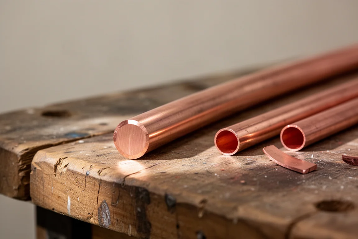 Copper tubing with a freshly cut end on a plumbing workbench