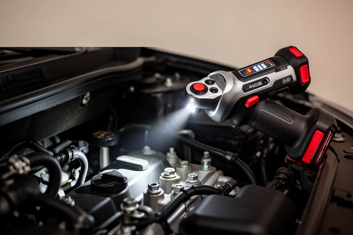 Cricchetto a batteria con luce LED che illumina una cavità motore buia