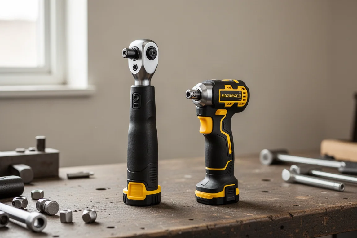 Due cricchetti DeWalt di dimensioni diverse fianco a fianco su una banca di officina