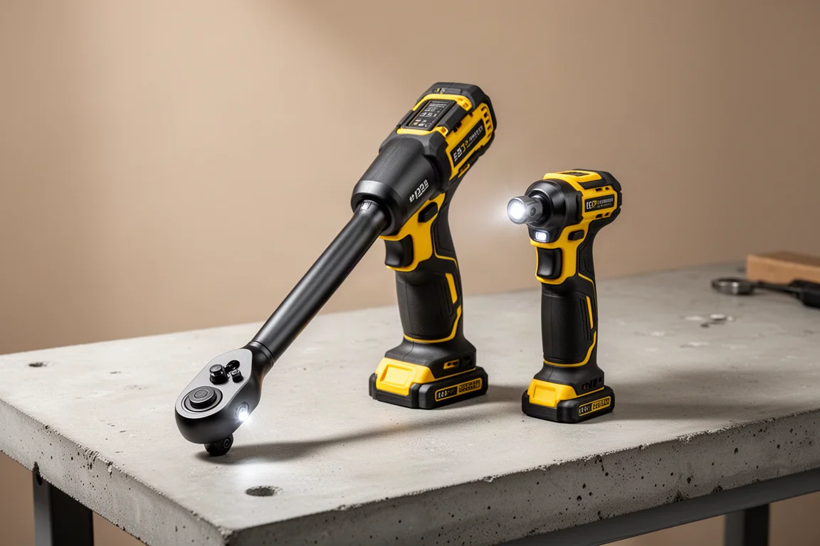 Due avvitatori a cricchetto DeWalt a batteria di dimensioni diverse su una banca di lavoro in cemento