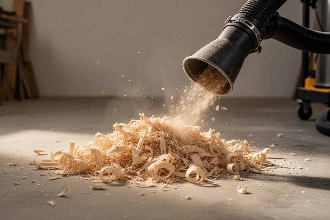 Houtkrullen die van een betonnen werkplaatsvloer worden opgezogen
