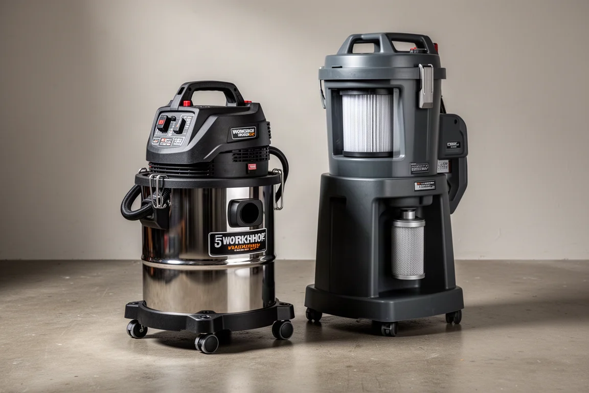 DeWalt Stealth Sonic wet/dry vac beside a Hercules dust collector on a workshop floor
