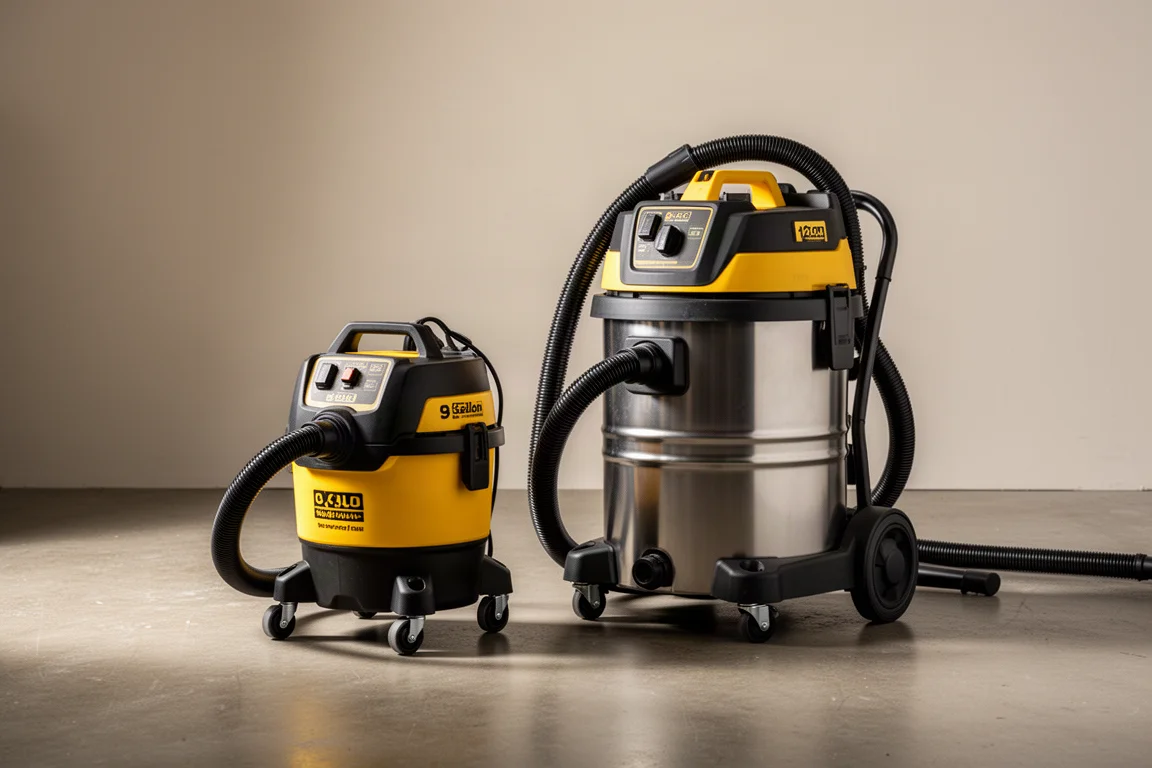 DeWalt 9-gallon and 12-gallon wet/dry vacuums side by side on a concrete floor