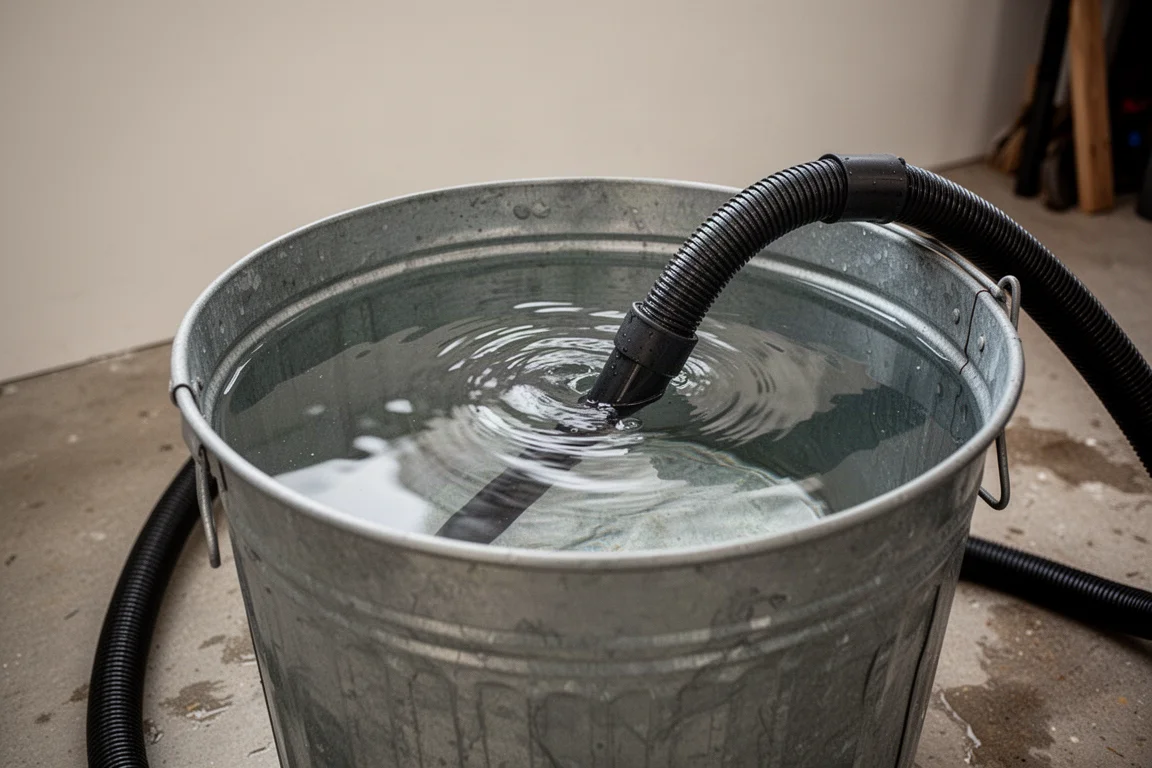 Nass-/Trockensauger zieht Wasser schnell aus einem großen Behälter in der Werkstatt