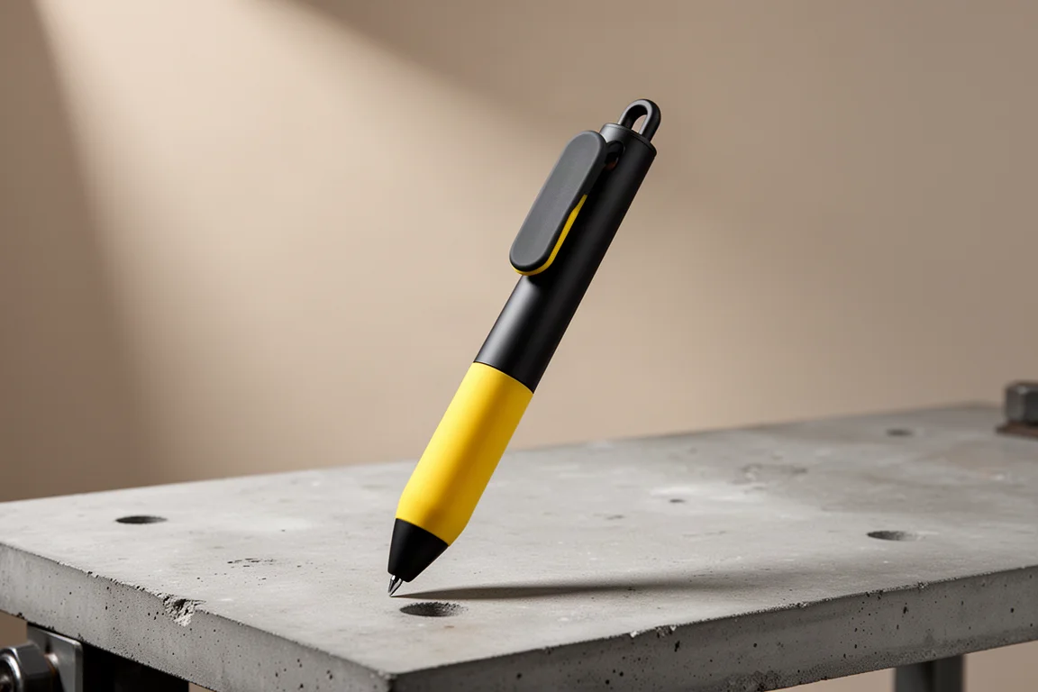 Pióro DeWalt Stylus Pen z gumowanym uchwytem i zdejmowaną czapką na betonowym stole roboczym