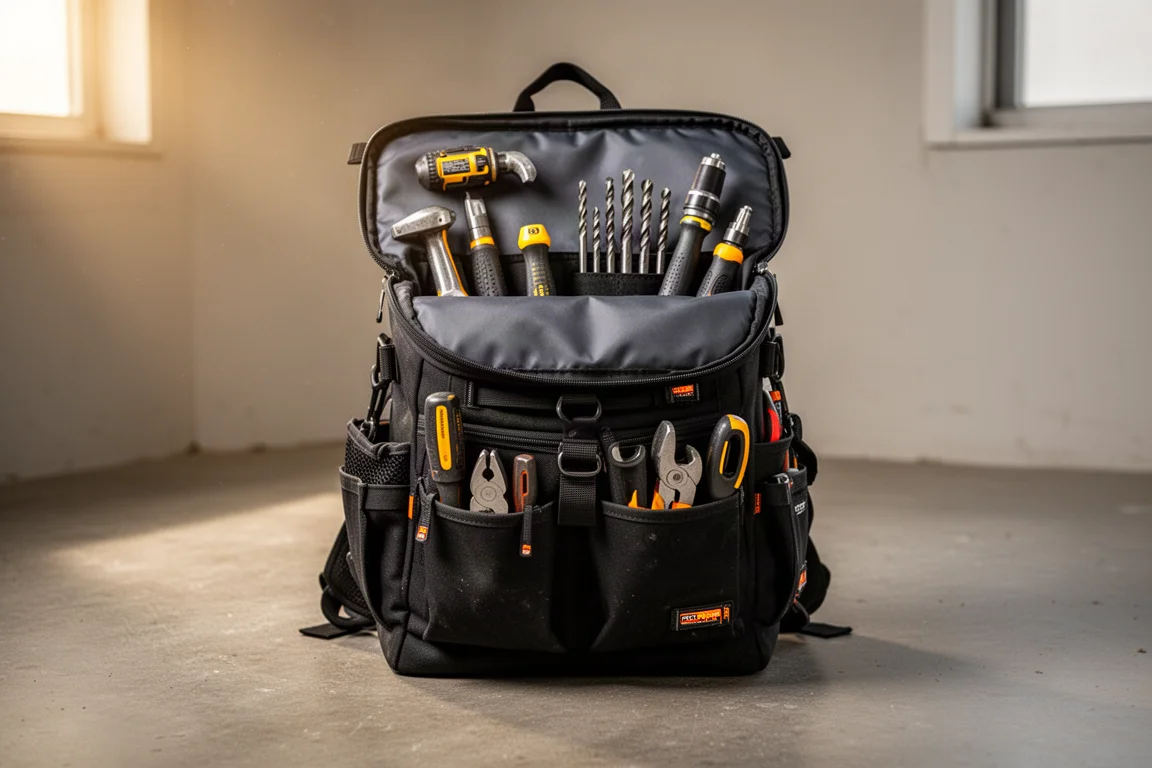 Black tool backpack standing open on a workshop floor with tools visible inside