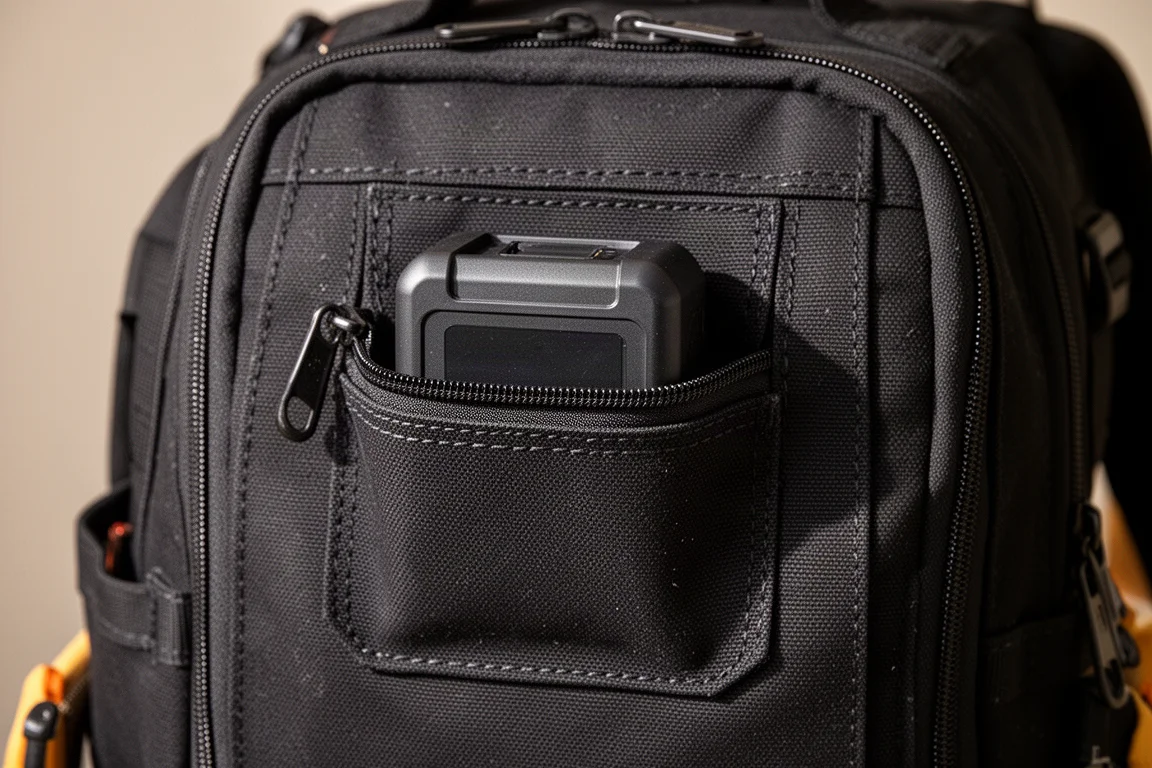 Close-up of a rectangular battery dock pocket on the back of a tool backpack