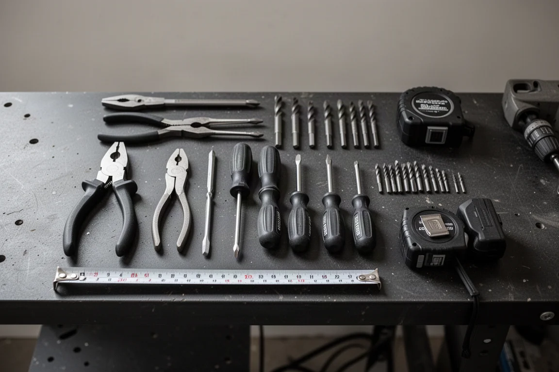 Overhead flat-lay of hand tools arranged on a workshop bench
