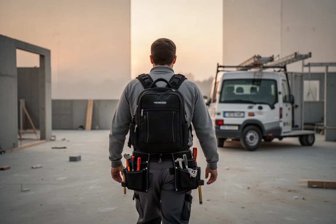 Tradesperson walking toward a work van at dawn with a tool backpack on