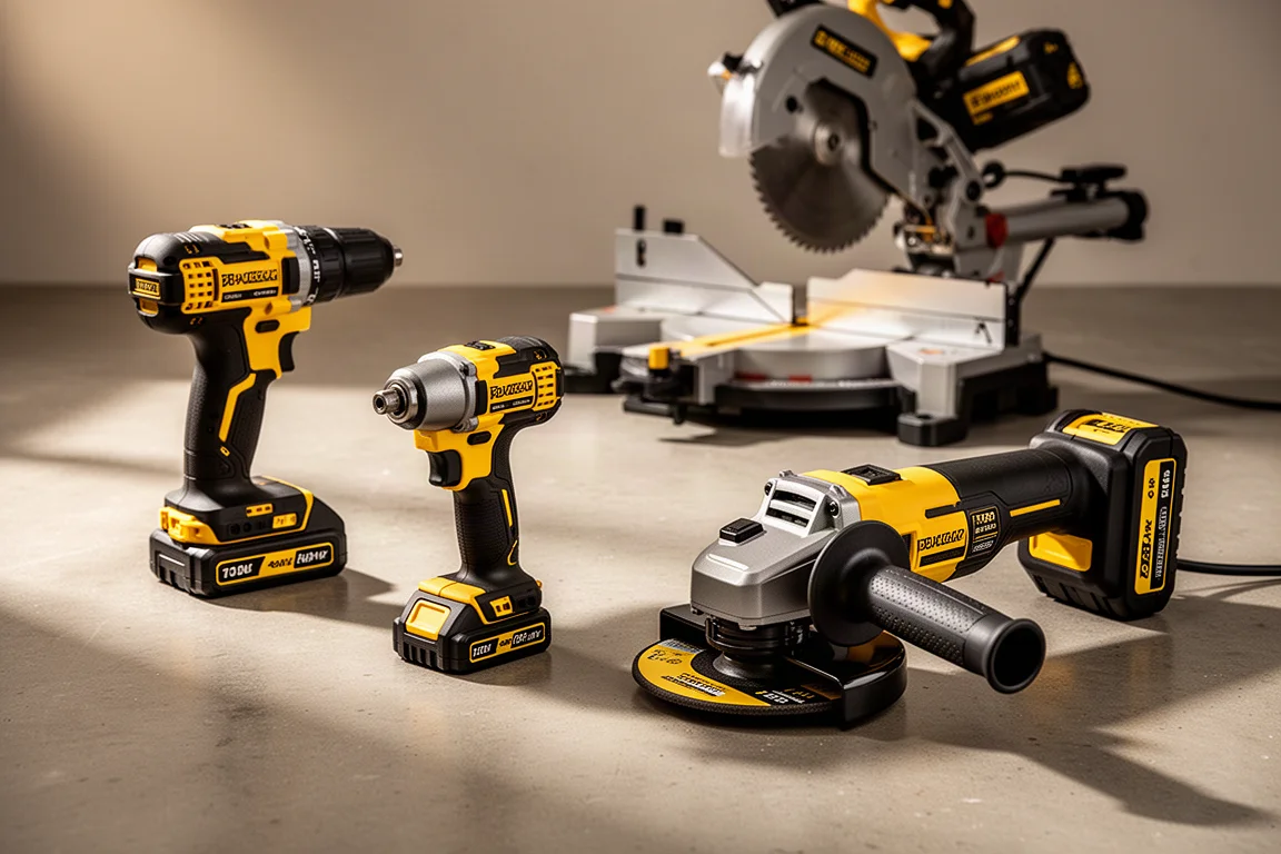 Assortment of black and yellow cordless power tools on a concrete workshop floor