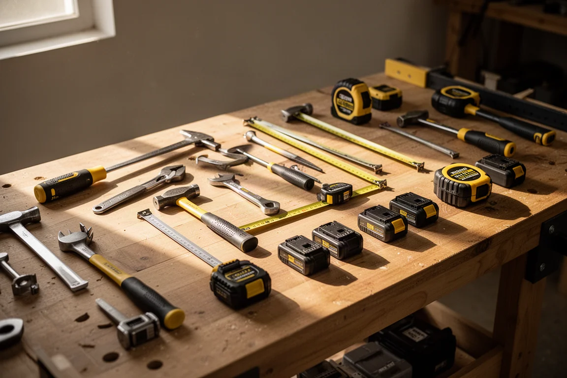 Établi couvert d'outils à main et d'outils électriques variés dans un atelier