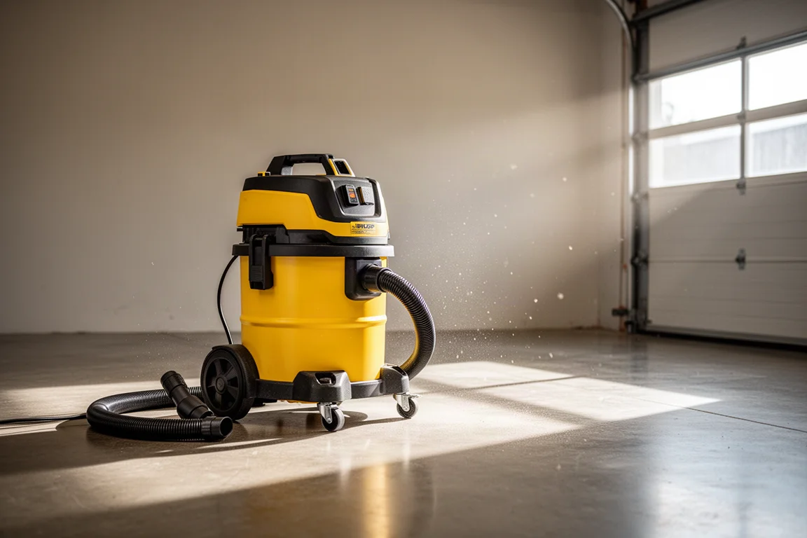 Aspirateur d'atelier posé sur un sol de béton avec un tuyau enroulé à côté