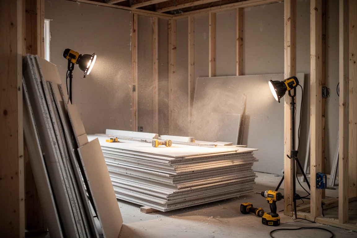 Feuilles de placoplâtre empilées dans une pièce inachevée en construction