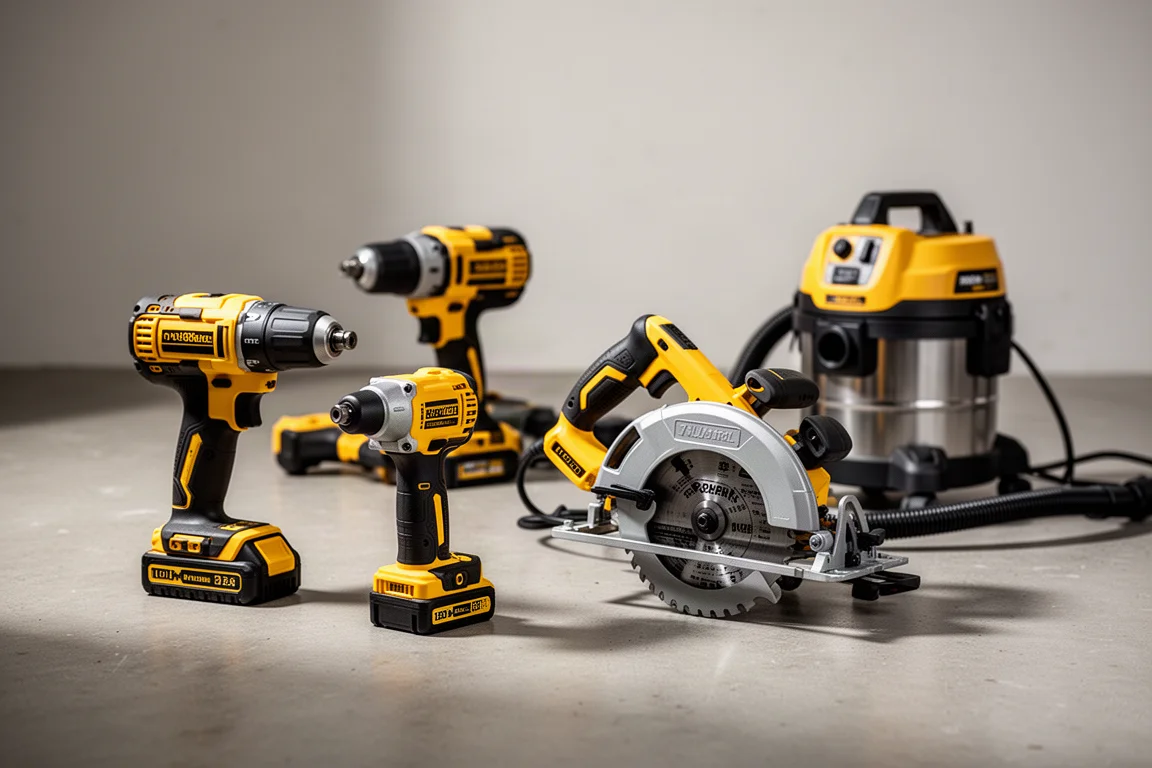 Assorted yellow and black DeWalt-style power tools arranged on a concrete workshop floor