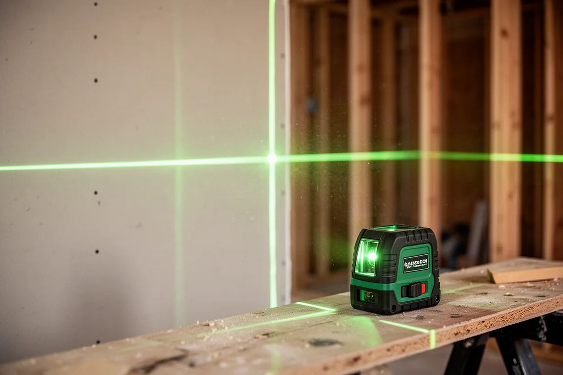 Laser vert à lignes croisées projetant des lignes de niveau dans une pièce lors du traçage des murs