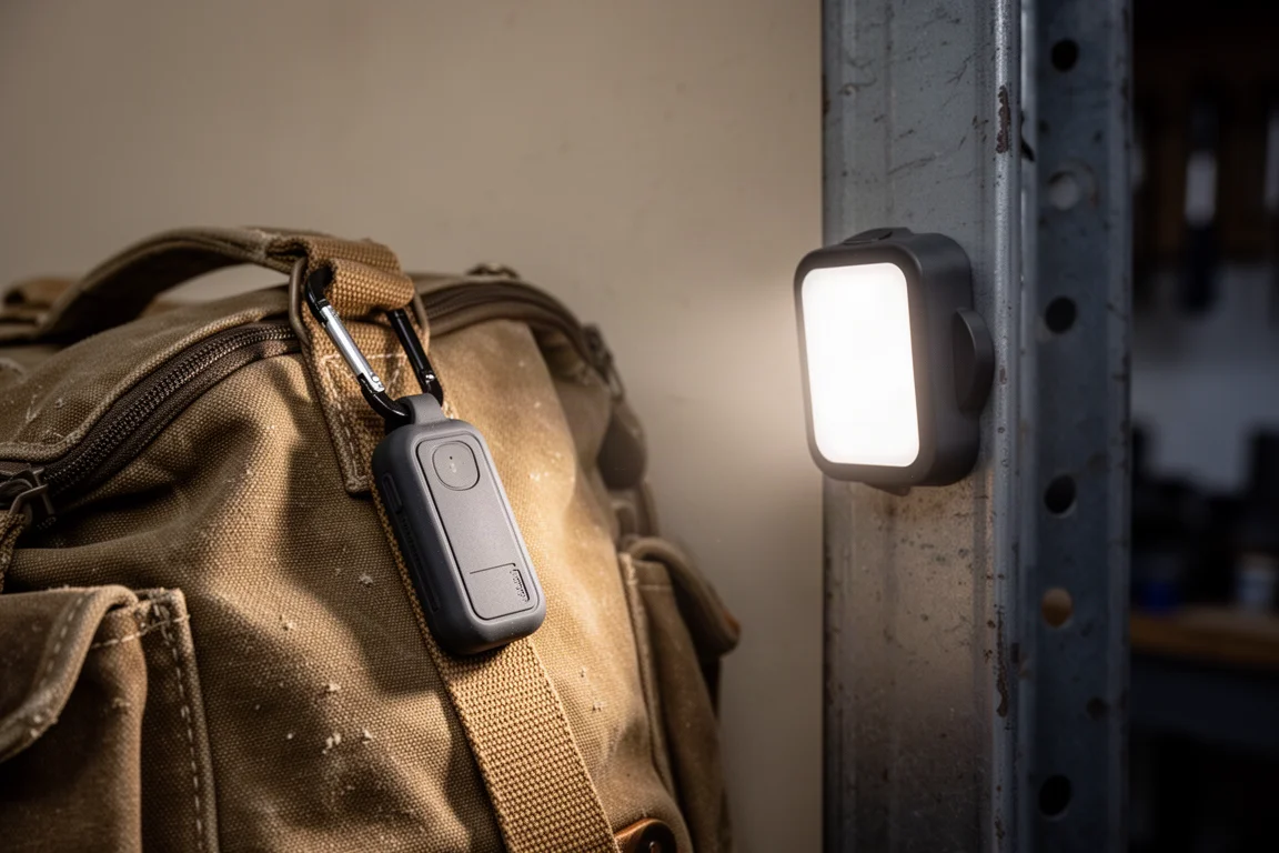 Lampe de travail rechargeable compacte accrochée à un sac de chantier, lumineuse dans un environnement sombre